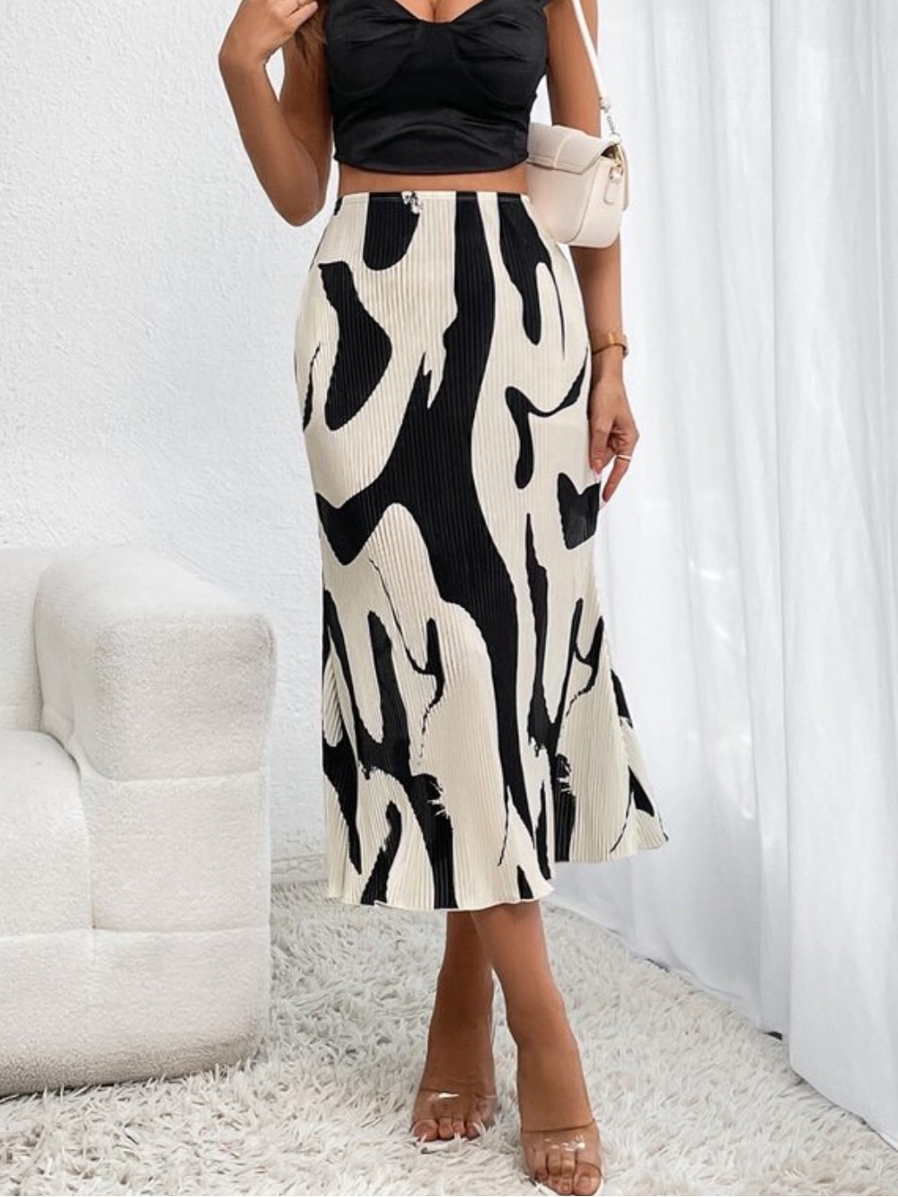 SHEIN Black and Cream Abstract Midi Skirt